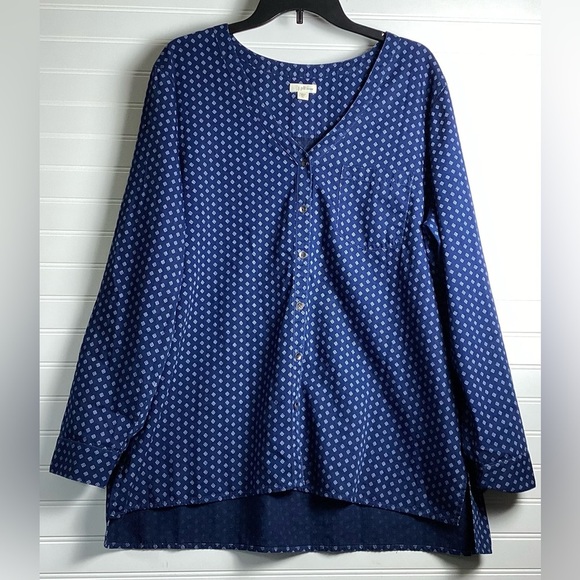 J. Jill Denim Women's Chambray Diamond Print V-Neck Button Front Top Size XL - Picture 1 of 9